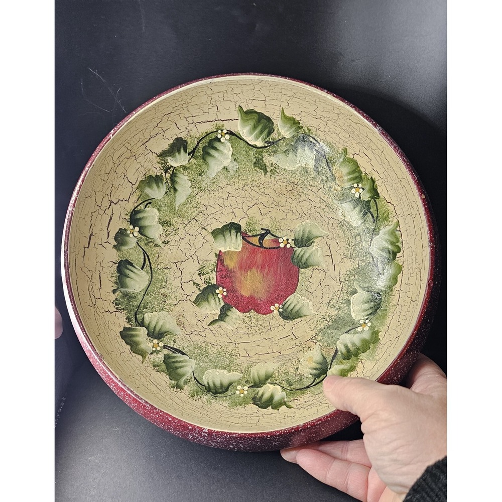 Vintage Red Wooden Bowl With Distressed Cream Inside Green Ivy and Red Apple